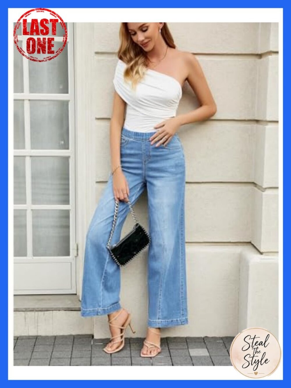 Wide Leg Jeans High Rise Pull On Elastic Waist Denim Pants Tummy Control 30" - Picture 5 of 6